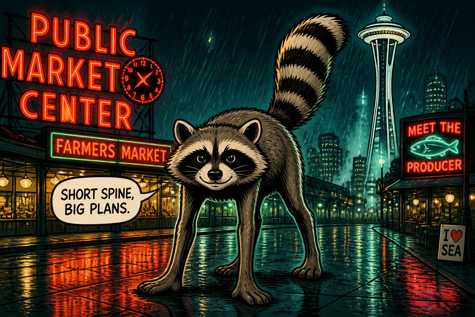 Gojimothy, a raccoon with short spine syndrome, on a rain-slick Seattle street at night