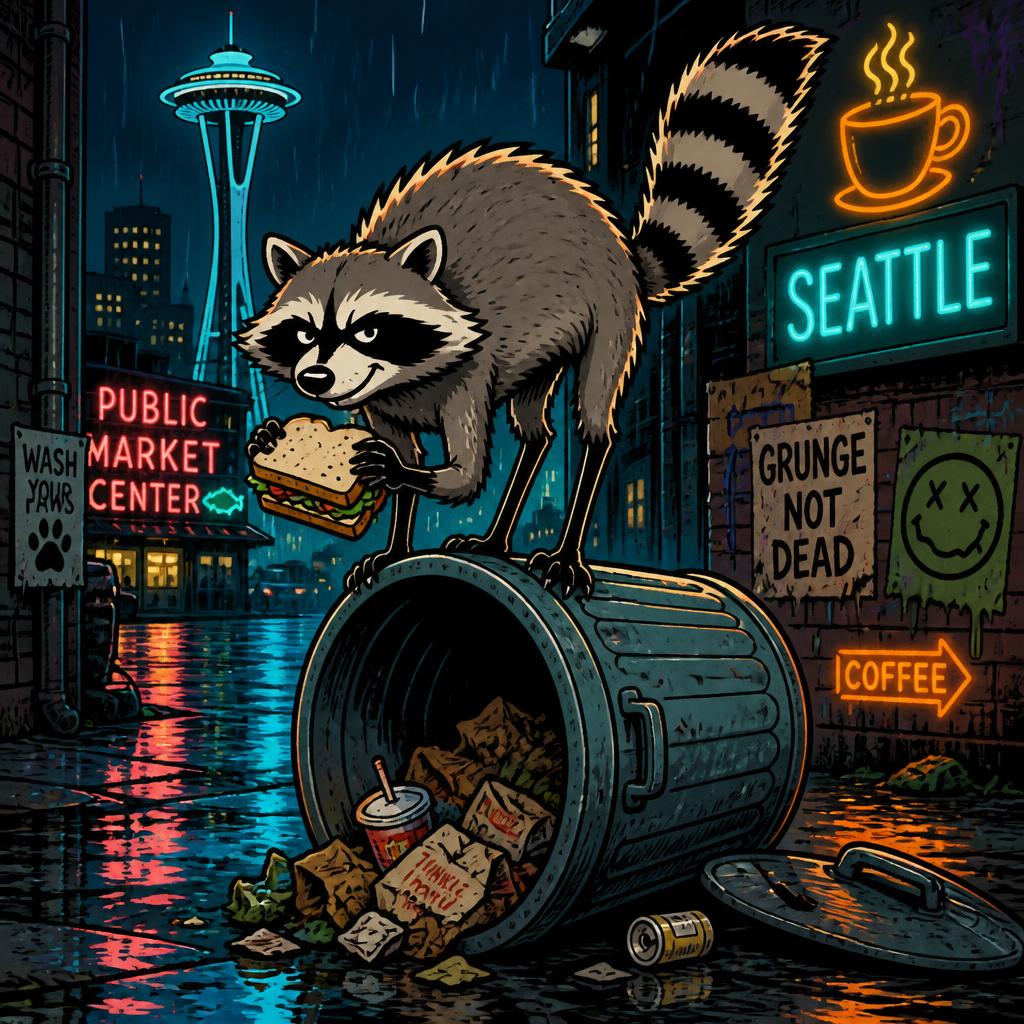 Gojimothy the short-spined raccoon on a tipped bin with a stolen sandwich