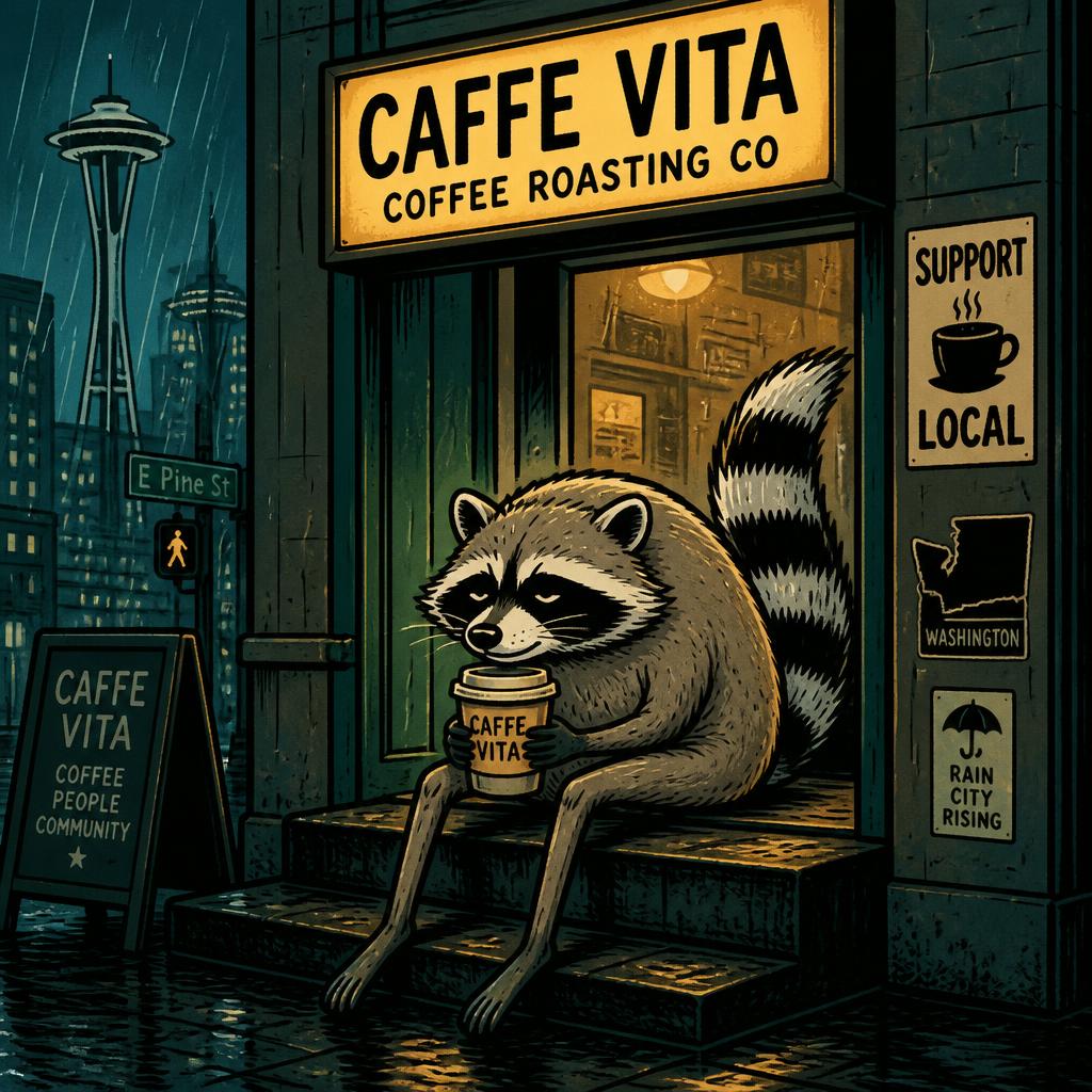 Gojimothy sitting on a Seattle doorstep with a coffee cup